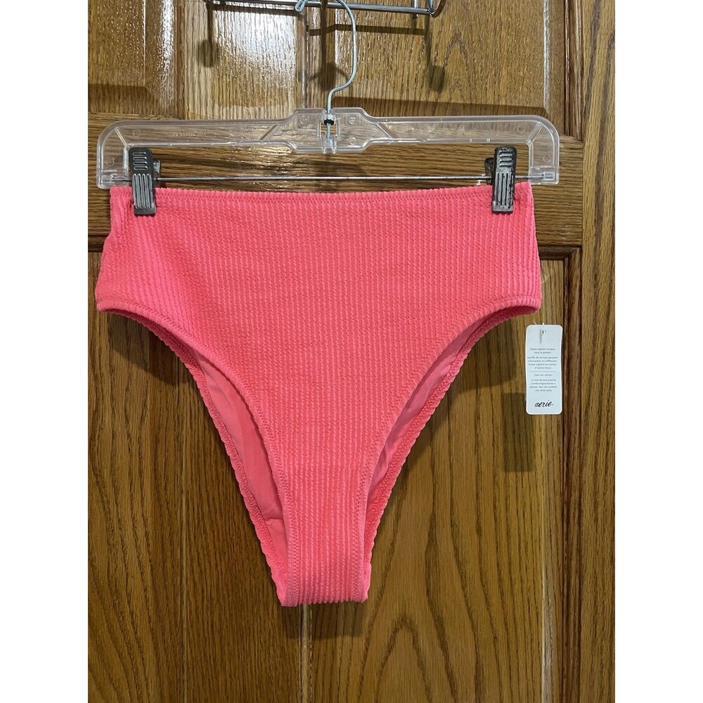 Aerie NWT Size M High Cut Cheeky Coral Pink Ribbed Beach Swim Bikini Bottom